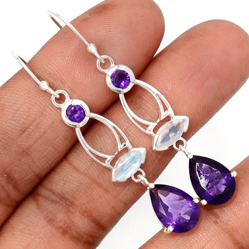 2.1" Designer - Amethyst Faceted & Moonstone Faceted Earrings - AMFE1798