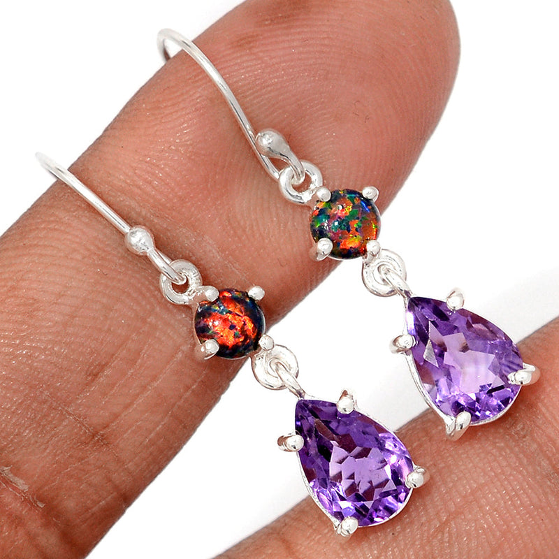 1.5" Designer - Amethyst Faceted & Lab Grown Fire Opal Earrings - AMFE1799