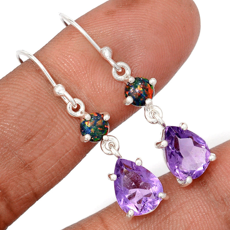 1.5" Designer - Amethyst Faceted & Lab Grown Fire Opal Earrings - AMFE1800