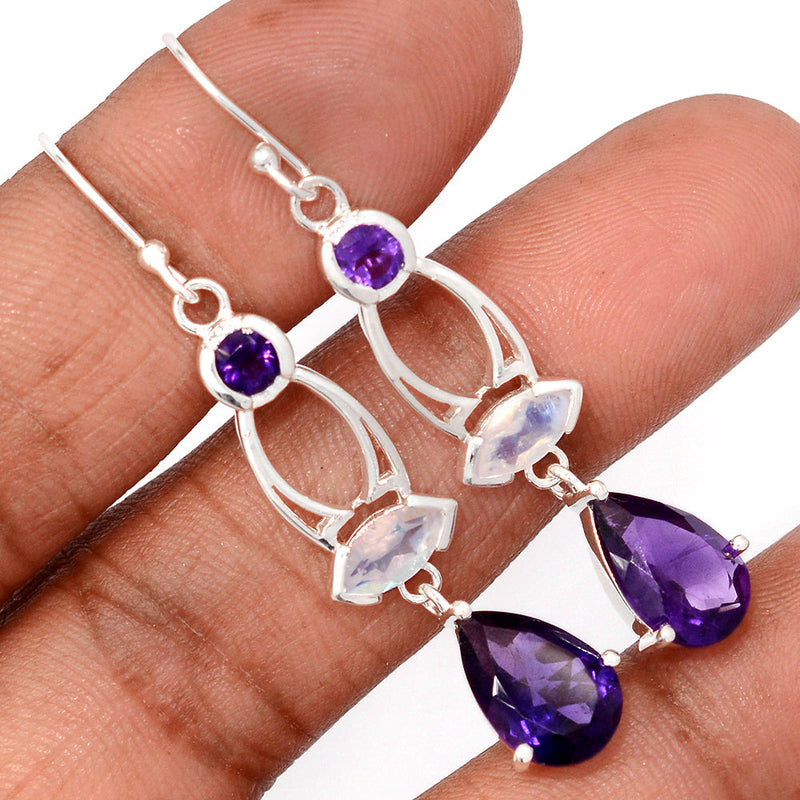 2.1" Designer - Amethyst Faceted & Moonstone Faceted Earrings - AMFE1801