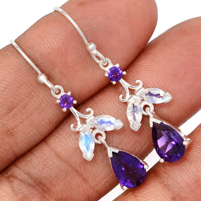 1.5" Designer - Amethyst Faceted & Moonstone Faceted Earrings - AMFE1802