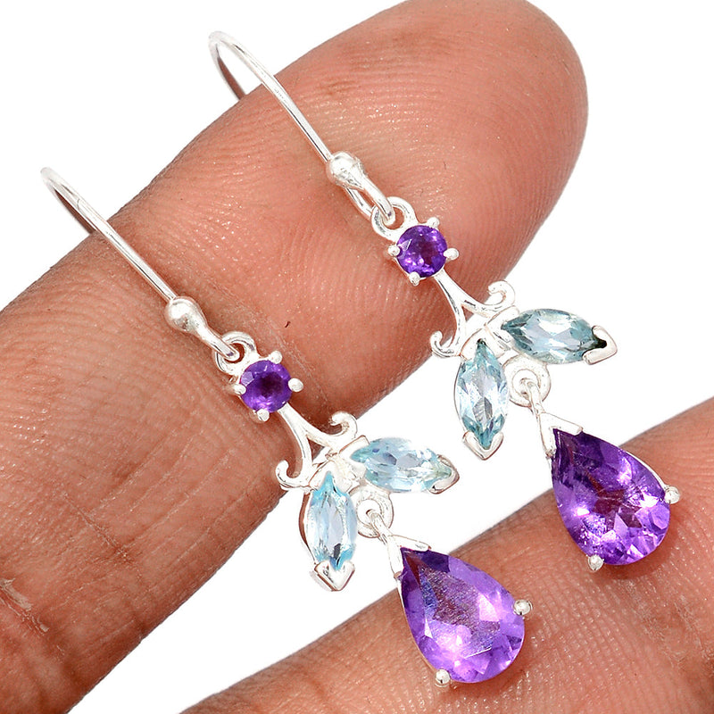 1.5" Designer - Amethyst Faceted & Blue Topaz Earrings - AMFE1803