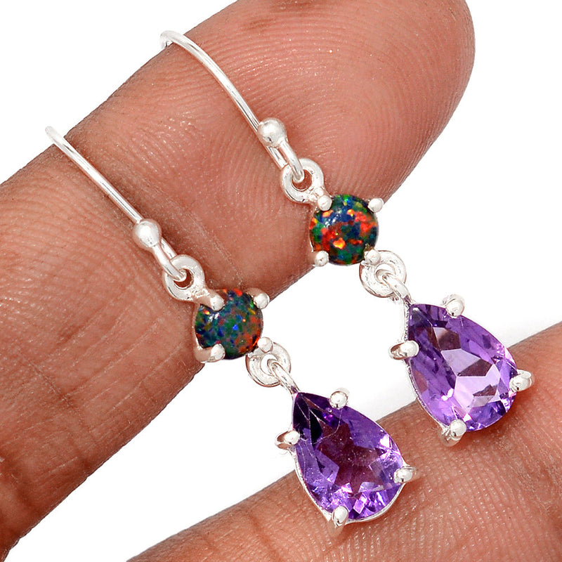 1.5" Designer - Amethyst Faceted & Lab Grown Fire Opal Earrings - AMFE1804