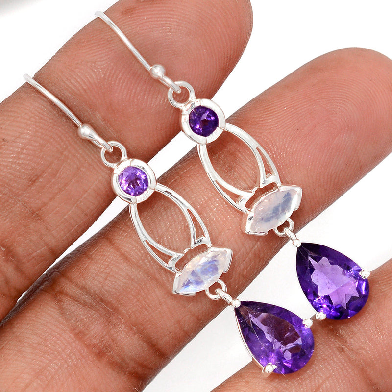 2.1" Designer - Amethyst Faceted & Moonstone Faceted Earrings - AMFE1807