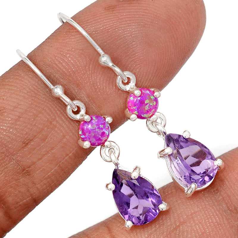 1.5" Designer - Amethyst Faceted & Lab Grown Fire Opal Earrings - AMFE1808
