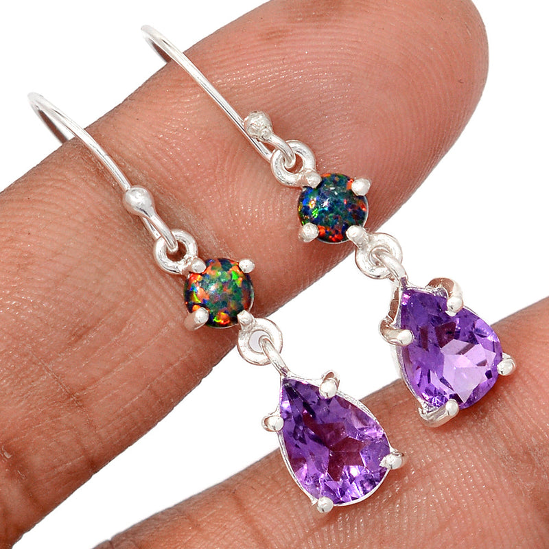 1.5" Designer - Amethyst Faceted & Lab Grown Fire Opal Earrings - AMFE1810