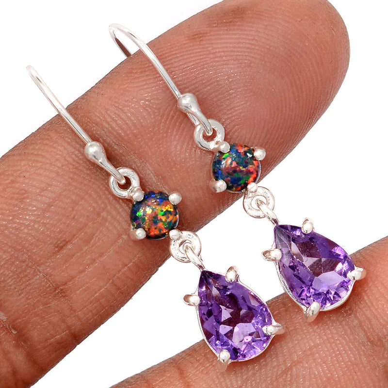 1.5" Designer - Amethyst Faceted & Lab Grown Fire Opal Earrings - AMFE1811
