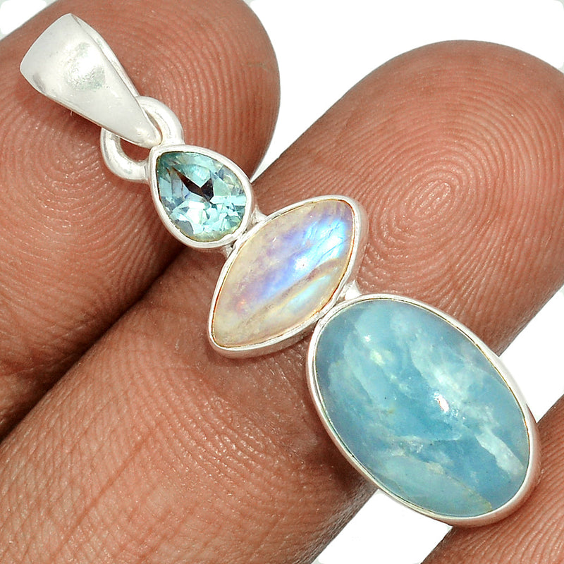 1.7" Aquamarine, Blue Topaz & Moonstone Pendants - AQMP1545
