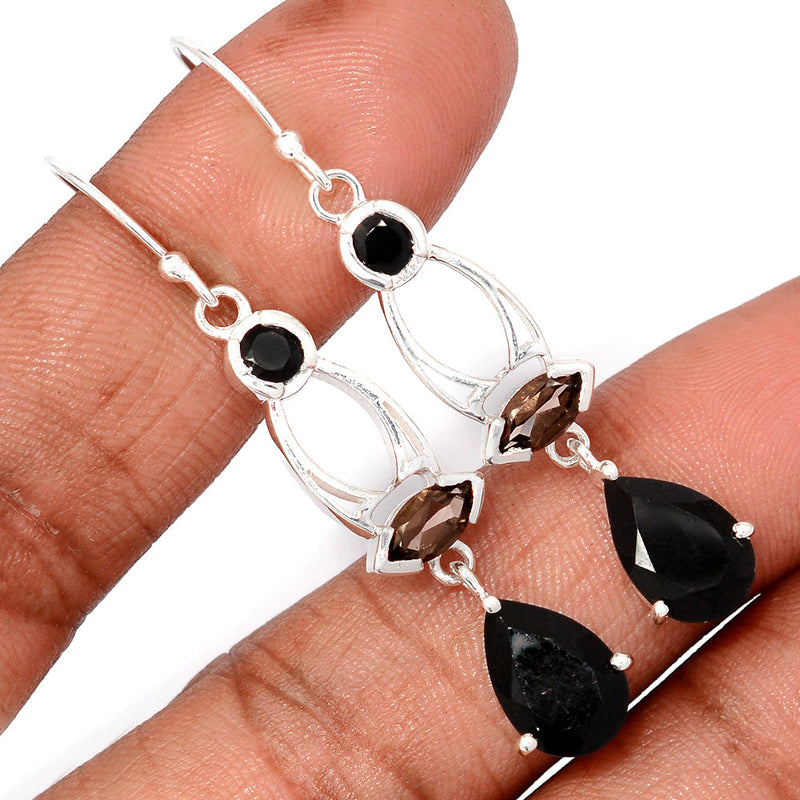 2.1" Designer - Black Onyx Faceted & Smokey Topaz Earrings - BOFE744