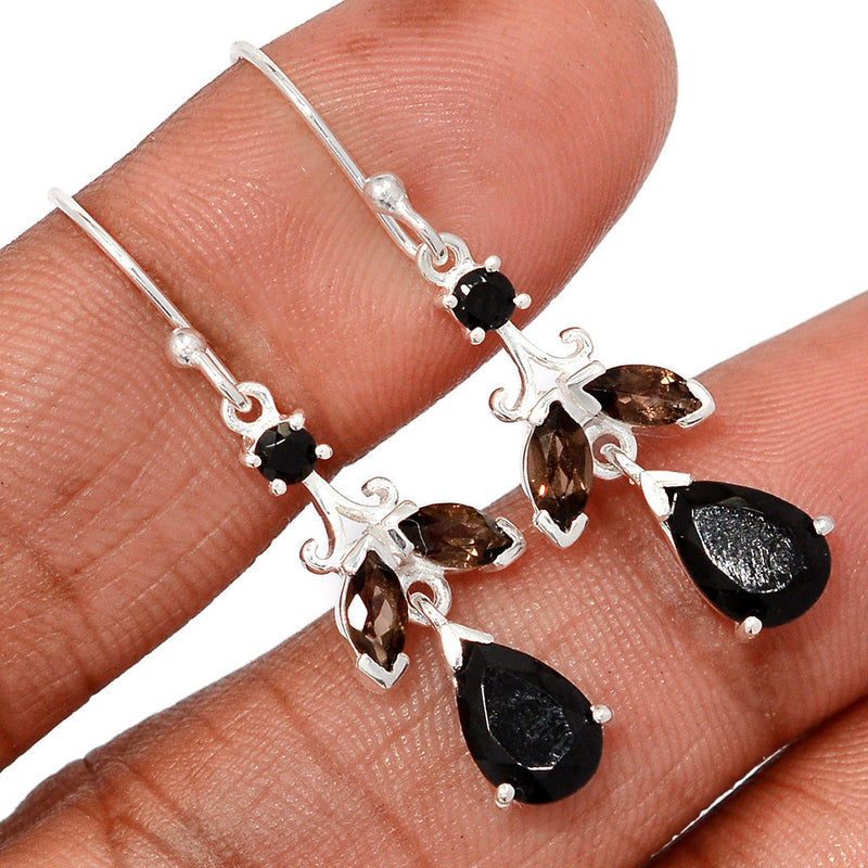 1.6" Designer - Black Onyx Faceted & Smokey Topaz Earrings - BOFE745