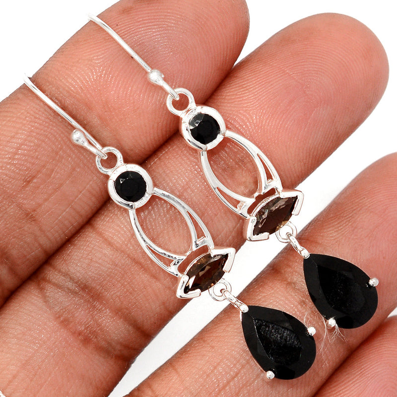 2.1" Designer - Black Onyx Faceted & Smokey Topaz Earrings - BOFE746