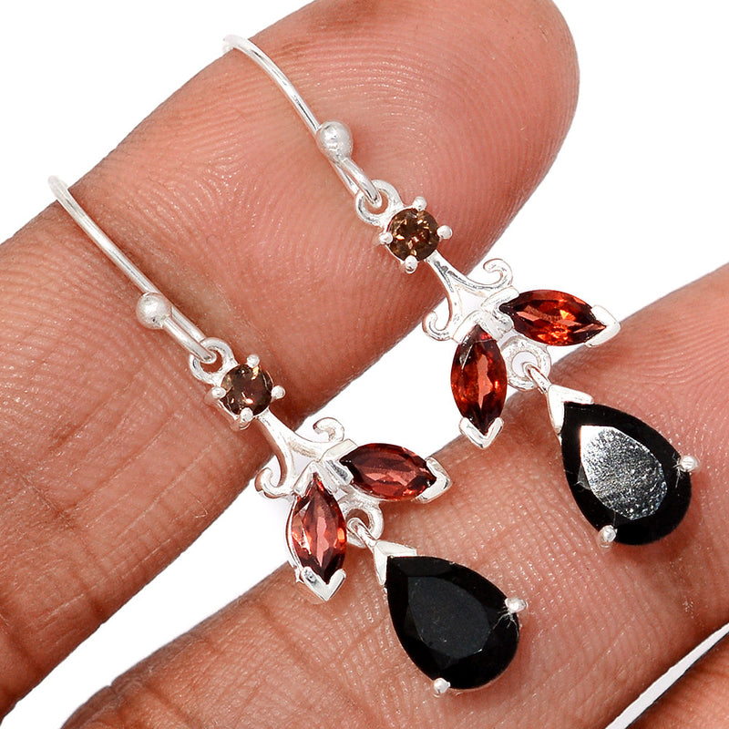 1.6" Designer - Black Onyx Faceted, Garnet Faceted & Smokey Topaz Earrings - BOFE747