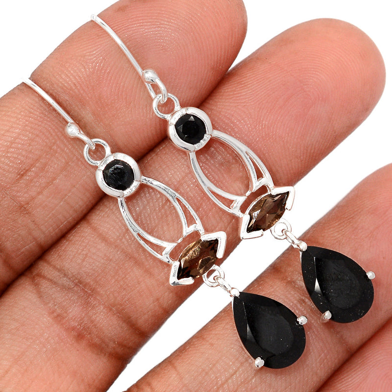 2.1" Designer - Black Onyx Faceted & Smokey Topaz Earrings - BOFE748