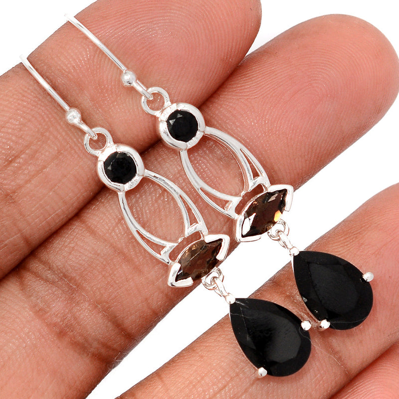 2.1" Designer - Black Onyx Faceted & Smokey Topaz Earrings - BOFE753