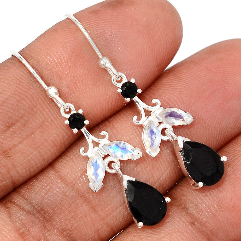 1.6" Designer - Black Onyx Faceted & Moonstone Faceted Earrings - BOFE756