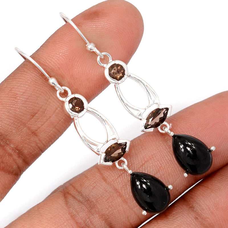 2.1" Designer - Black Onyx & Smokey Topaz Earrings - BOXE1428