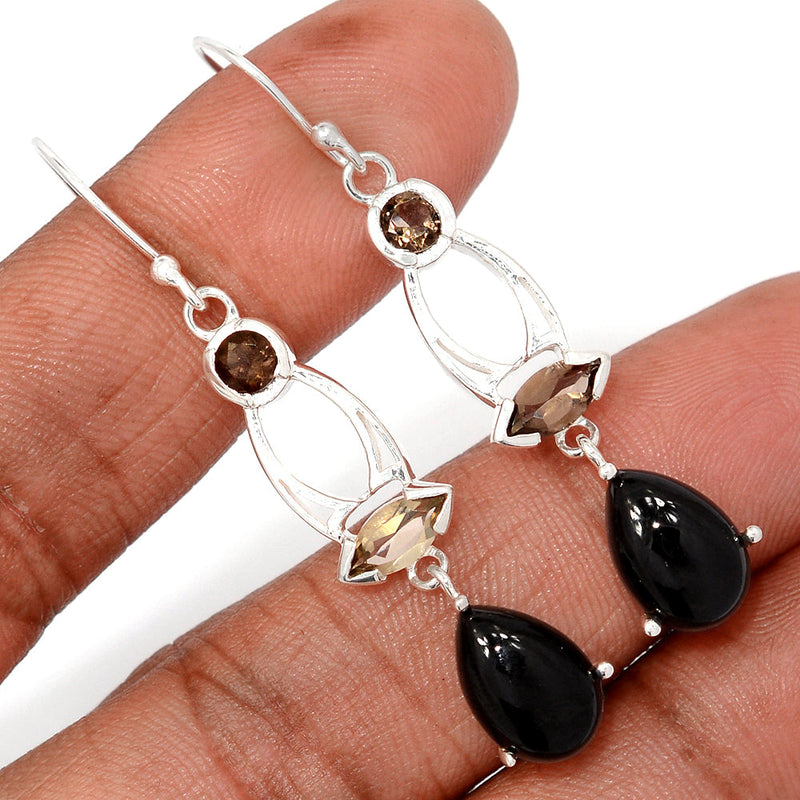 2.1" Designer - Black Onyx & Smokey Topaz Earrings - BOXE1429