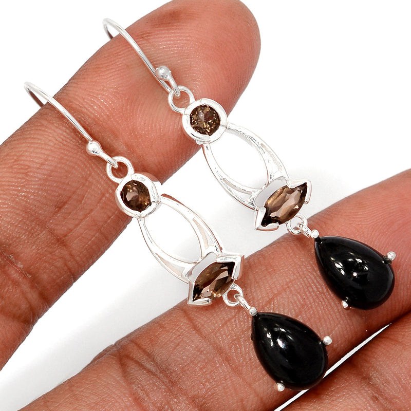 2.1" Designer - Black Onyx & Smokey Topaz Earrings - BOXE1430