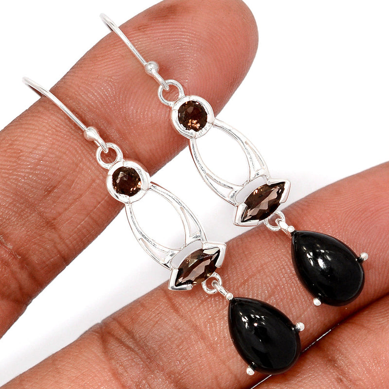 2.1" Designer - Black Onyx & Smokey Topaz Earrings - BOXE1431