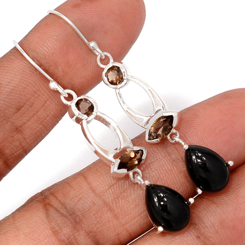 2.1" Designer - Black Onyx & Smokey Topaz Earrings - BOXE1432
