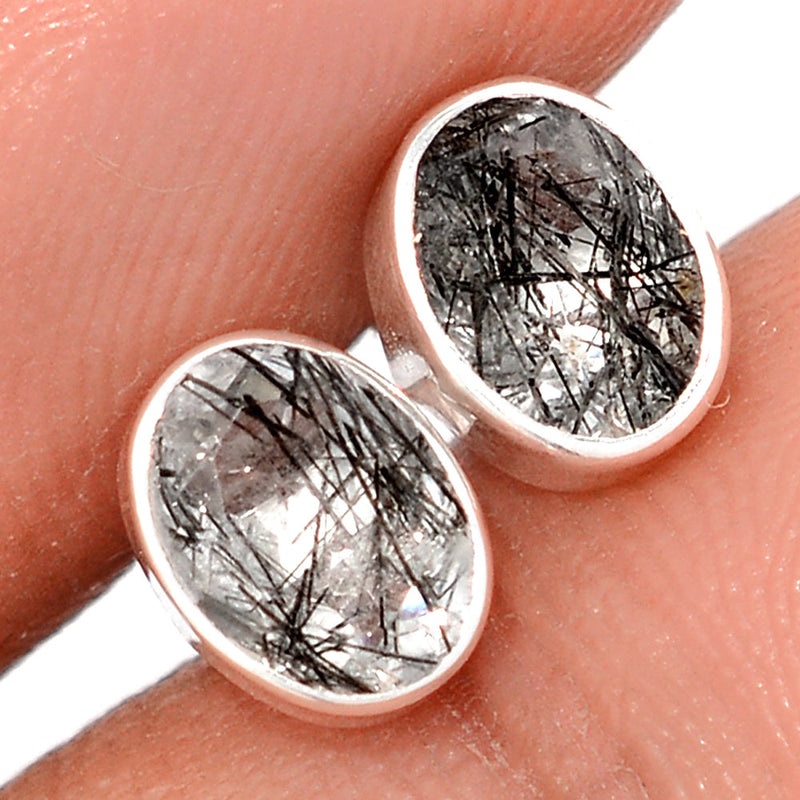 Black Rutilated Quartz Faceted Studs - BRFS82