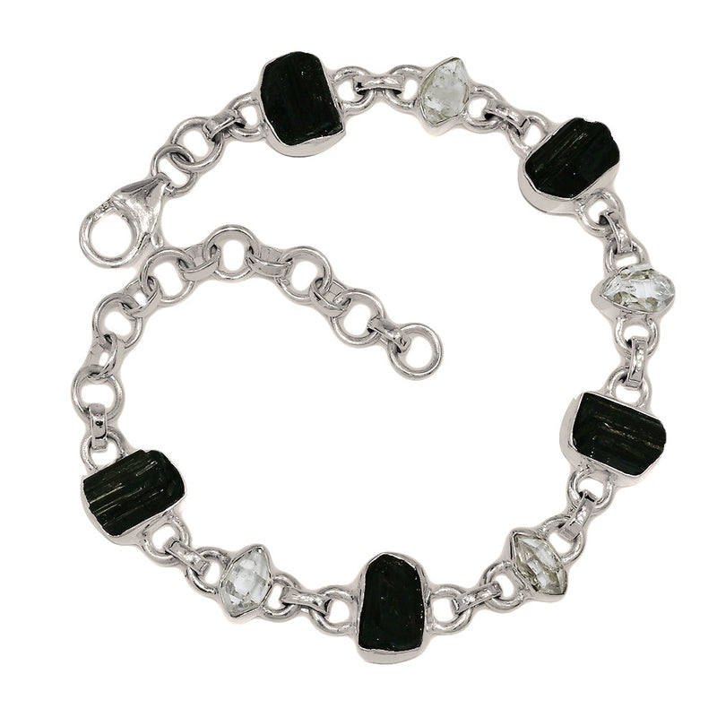 8.6" Black Tourmaline Rough & Herkimer Diamond Bracelets - BTRB70