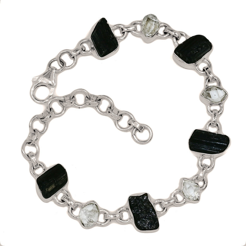 8.6" Black Tourmaline Rough & Herkimer Diamond Bracelets - BTRB74