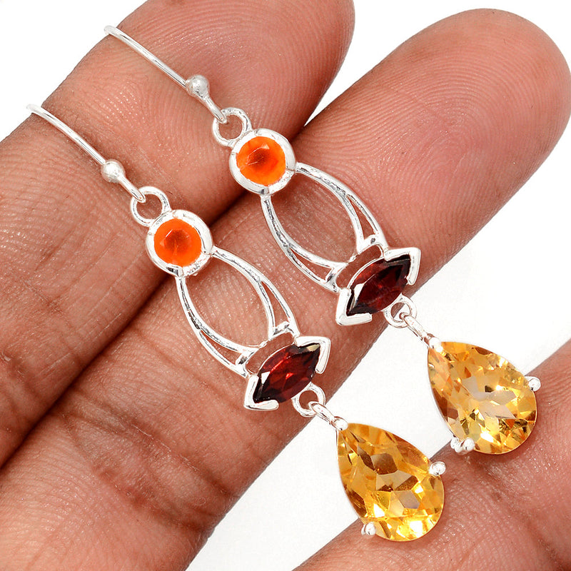 2.1" Claw - Citrine, Garnet Faceted & Carnelian Faceteed Earrings - CITE1898
