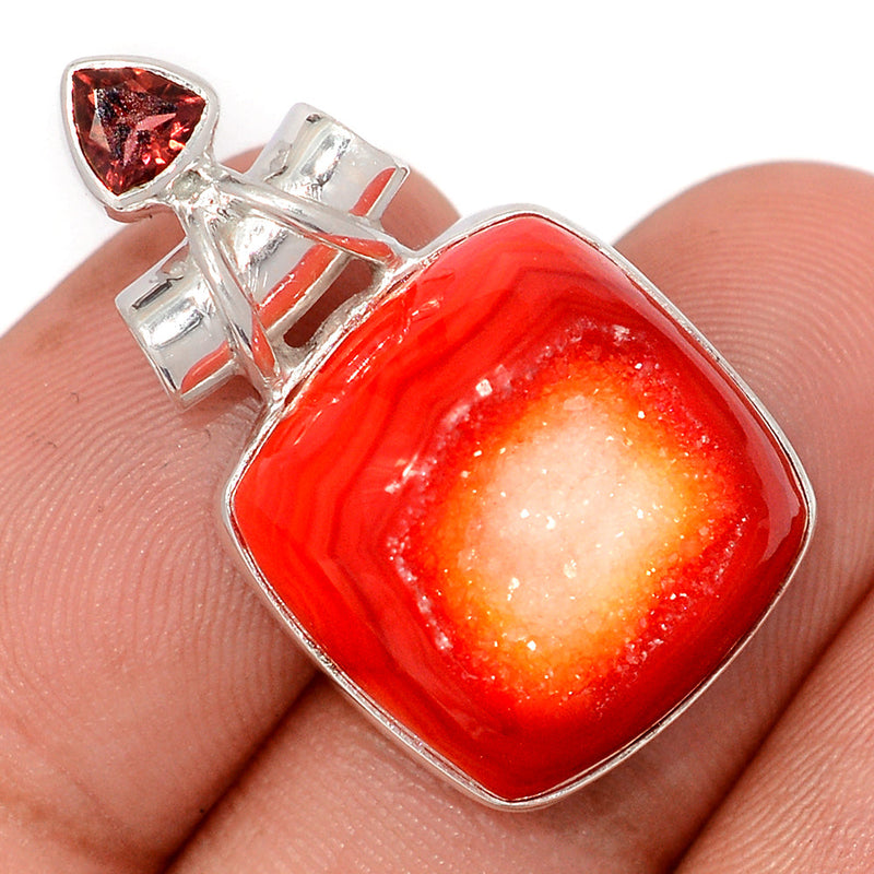 1.3" Celestial Red Aura Druzy & Garnet Faceted Pendants - CRDP149