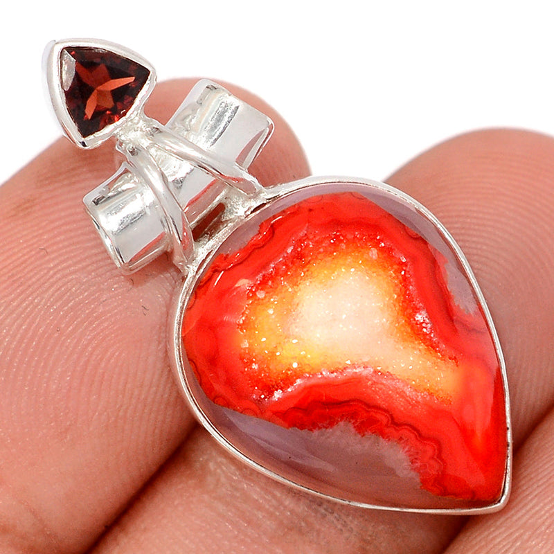 1.5" Celestial Red Aura Druzy & Garnet Faceted Pendants - CRDP151