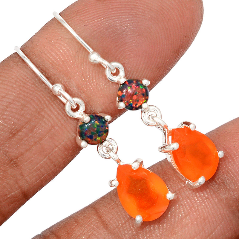 1.5" Claw - Carnelian Faceted & Lab Grown Fire Opal Earrings - CRFE392