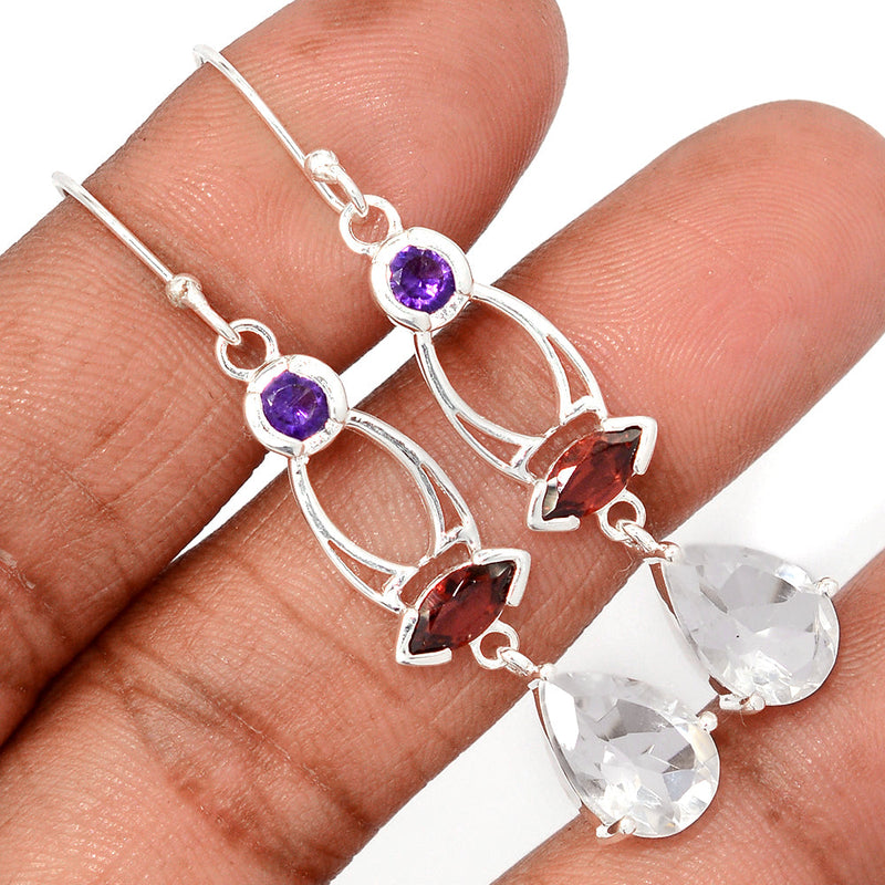 2.1" Claw - Crystal, Garnet Faceted & Amethyst Faceted Earrings - CRYE807