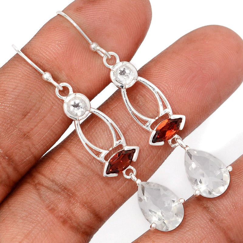 2.1" Claw - Crystal, Garnet Faceted & Natural White Topaz Earrings - CRYE808
