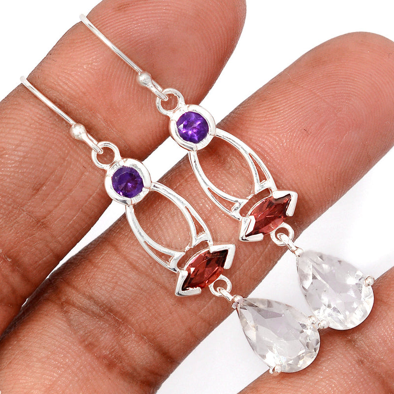 2.1" Claw - Crystal, Garnet Faceted & Amethyst FAceted Earrings - CRYE809