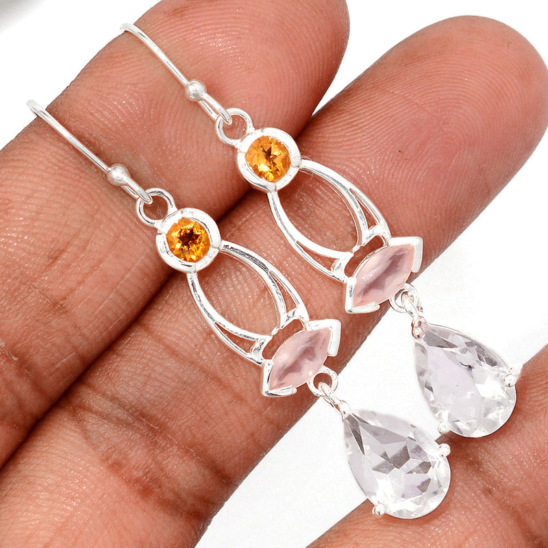 1" Claw - Crystal, Rose Quartz Faceted & Citrine Earrings - CRYE810