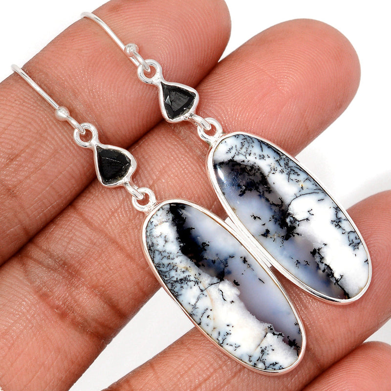2.3" Lip Setting - Dendrite Opal & Black Onyx Faceted Earrings - DROE2053