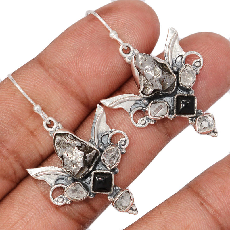 1.6" Scared Angel Wings - Meteorite Campo Del Cielo, Black Onyx & Herkimer Diamond Earrings - DSNE101