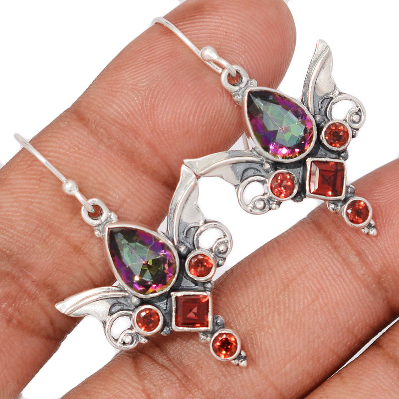1.6" Scared Angel Wings - Rainbow Topaz & Garnet Faceted Earrings - DSNE102