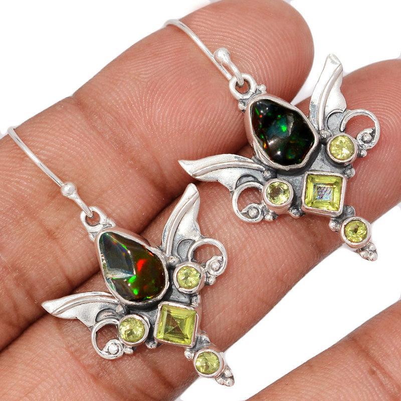 1.6" Scared Angel Wings - Chalama Black Opal Rough & Peridot Faceted Earrings - DSNE103