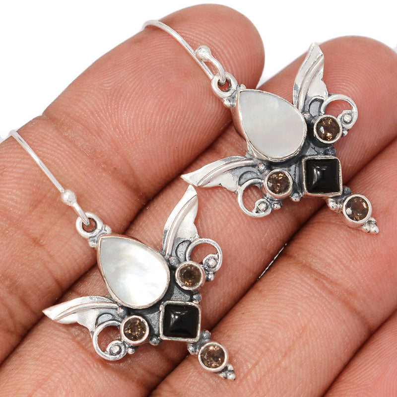 1.6" Scared Angel Wings - Biwa Pearl, Black Onyx & Smokey Quartz Earrings - DSNE104