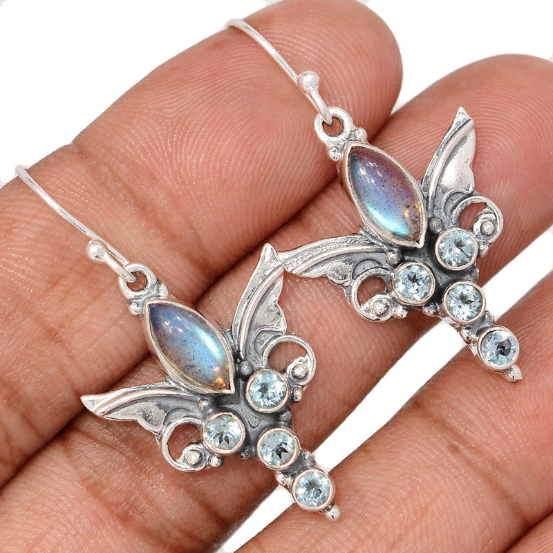 1.6" Scared Angel Wings - Blue Fire Labradorite & Blue Topaz Earrings - DSNE107