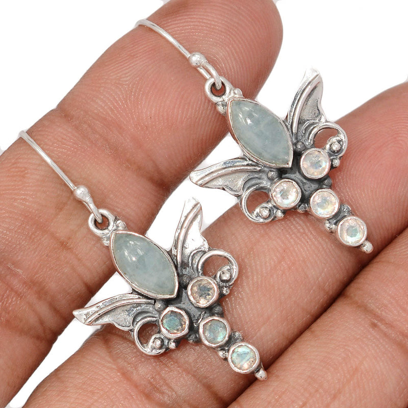 1.6" Scared Angel Wings - Aquamarine Cabochon & Scared Angel Wingsstone Faceted Earrings - DSNE110