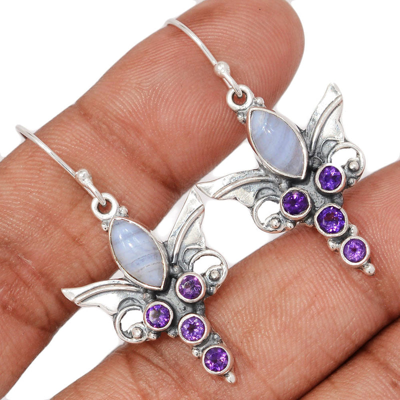1.6" Scared Angel Wings - Blue Lace Agate & Amethyst Faceted Earrings - DSNE114
