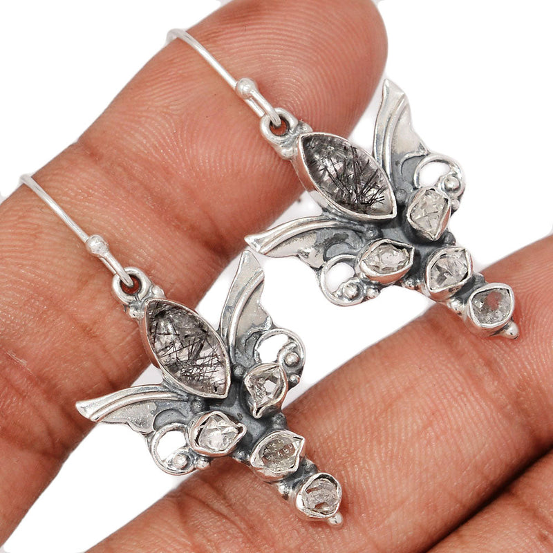 1.6" Scared Angel Wings - Black Rutilated Quartz & Herkimer Diamond Earrings - DSNE115