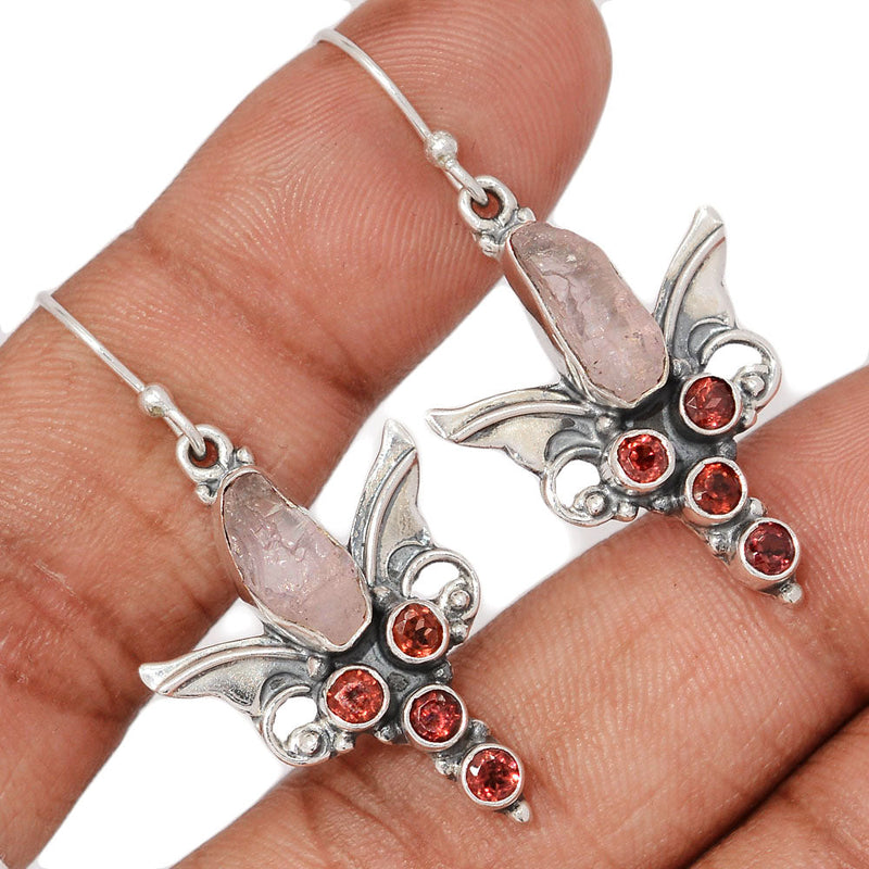 1.7" Scared Angel Wings - Rose Quartz Rough & Garnet Faceted Earrings - DSNE116