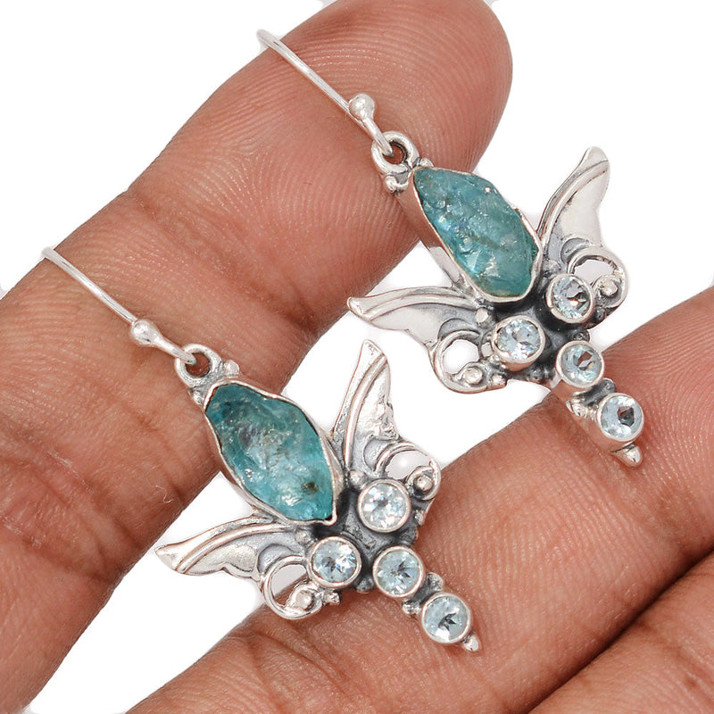 1.7" Scared Angel Wings - Neon Blue Apatite & Blue Topaz Earrings - DSNE119