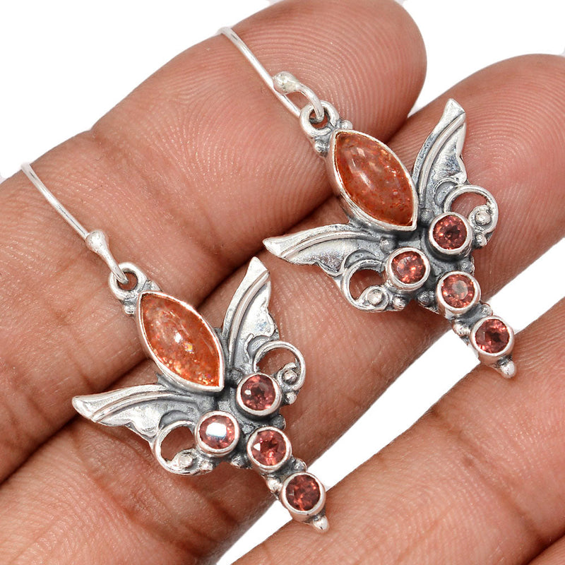 1.6" Scared Angel Wings - Rainbow Sunstone & Garnet Faceted Earrings - DSNE121