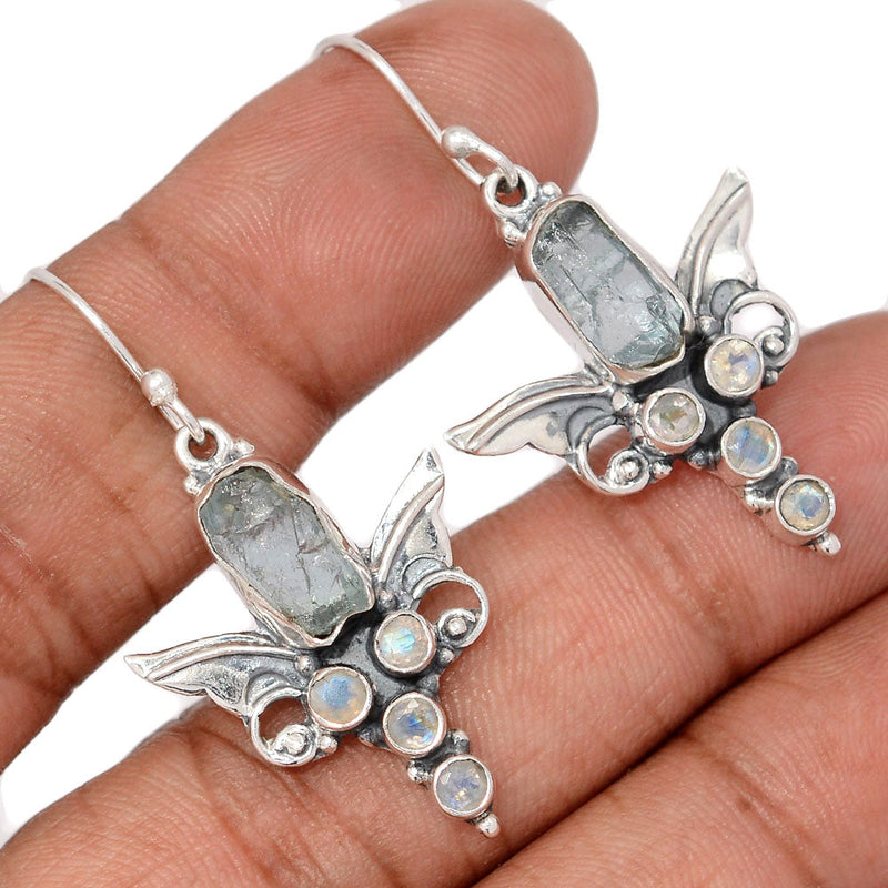 1.7" Scared Angel Wings - Aquamarine Rough & Scared Angel Wingsstone Faceted Earrings - DSNE122