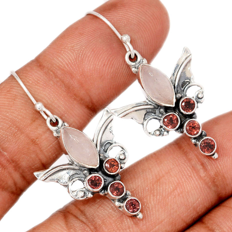 1.6" Scared Angel Wings - Rose Quartz Cabochon & Garnet Faceted Earrings - DSNE125