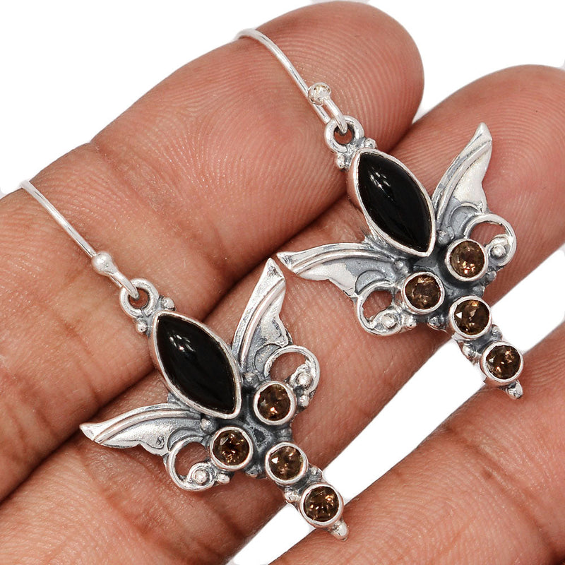 1.6" Scared Angel Wings - Black Onyx & Smokey Quartz Earrings - DSNE126